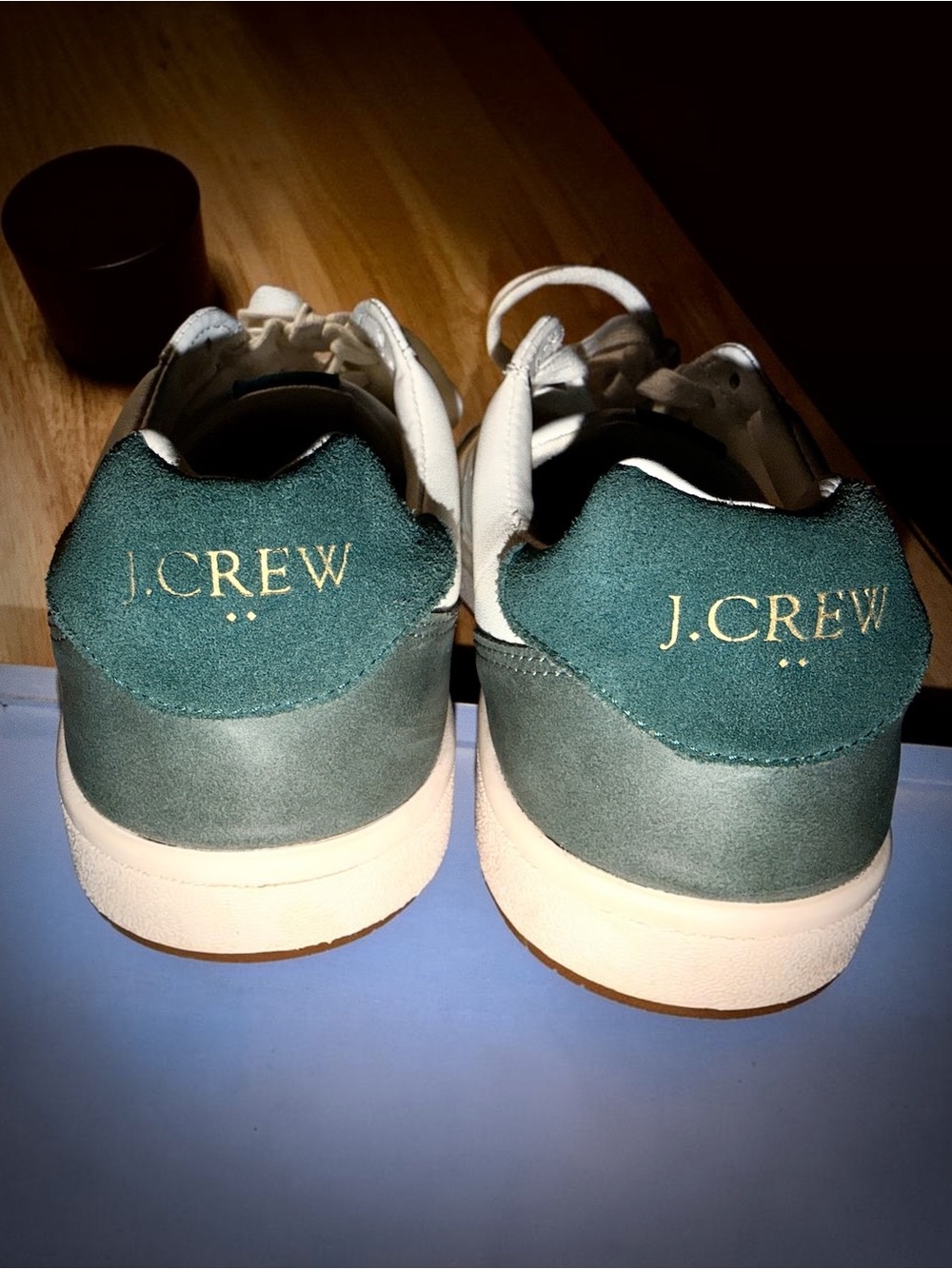 J. Crew Cream Leather Sneakers with Dark Green Heel Tabs - Picture 3 of 5